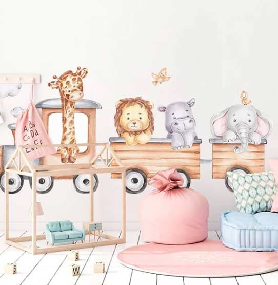 Vinilo para habitaciones infantiles con animales viajando en tren | Naberco Digital Vinilo